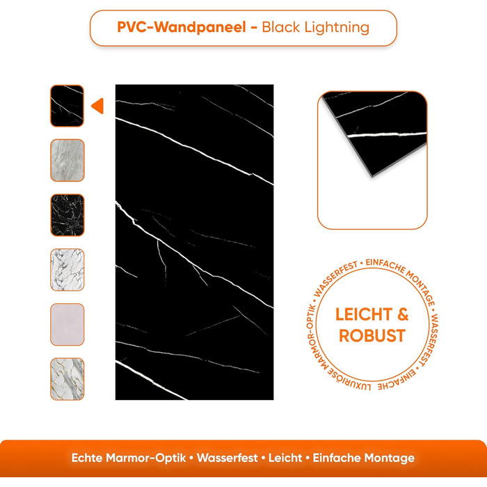 Стінові панелі IZODEKOR під мармур 60x120 см Панель для кухонного фартуха ПВХ-облицювання стін для кухні, ванної кімнати Бризкозахисний екран для кухні Водонепроникний та термостійкий ( панель, чорна блискавка)