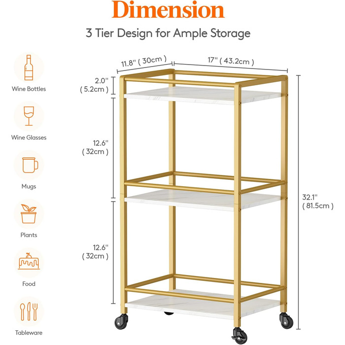 Візок для сервірування Lifewit, 3-ярусний візок для рулонної штанги, візок для подачі чаю з колесами, кухонний візок із колесами, що замикаються, для вітальні, 43,2 x 30 x 81,5 см, (золото)