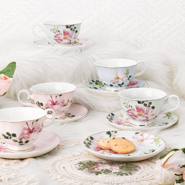 Чайні чашки з блюдцями Fanquare з квітковим візерунком, набір з 6 шт. , різноманітні порцелянові кавові чашки з пастельними квітковими принтами та золотим обідком, придатні для миття в посудомийній машині та заморожування, рожеві та блакитні
