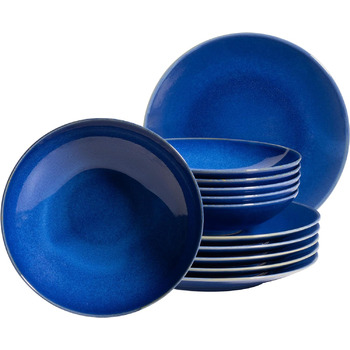 Набор тарелок Ossia серии MSER 931946 на 6 персон в средиземноморском винтажном стиле, современный столовый сервиз из 12 предметов с суповыми тарелками и обеденными тарелками, керамогранит (темно-синий)