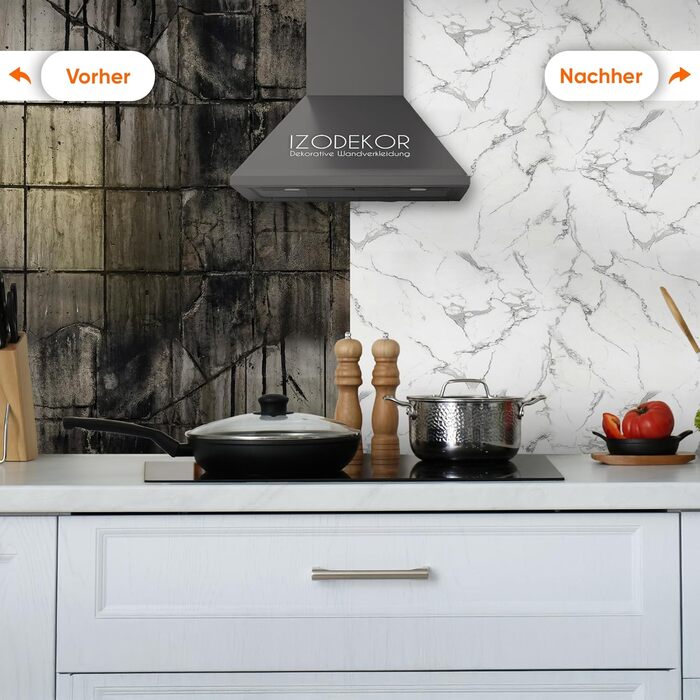 Стінові панелі IZODEKOR під мармур 60x120 см Панель для кухонного фартуха ПВХ-облицювання стін для кухні, ванної кімнати Бризкозахисний екран для кухні Водонепроникний та термостійкий (4 панелі 4 монтажних клею, Carrara)