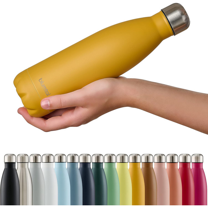 Пляшка для води Blumtal з нержавіючої сталі - Герметична ізольована пляшка - Пляшка для води без бісфенолу А для гарячого та холодного використання - Двостінна ізольована пляшка - Ізоляційна пляшка, стійка до іржі, дерево/срібло (12 - Гостра гірчиця - Жов