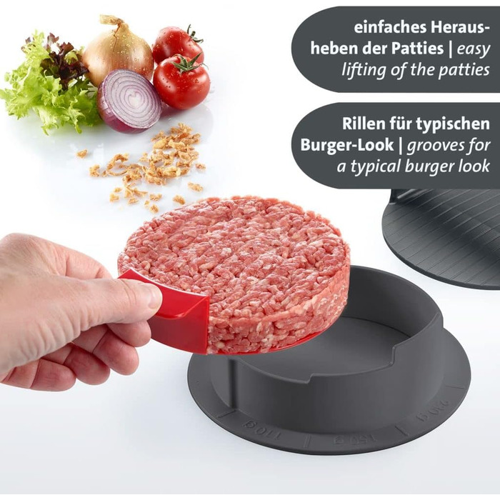 Гамбургерниця Westmark з підйомником - Ø 12 см Прес для бургерів можна наповнювати завдяки нижній кривизні підйомника, алюміній/пластик, Uno Plus, (сріблястий/чорний) (Vario plus, Ø 11 см)