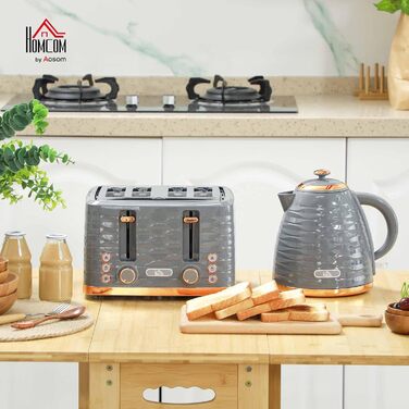 Набір для сніданку HOMCOM Kettle Toaster Set з чайником 1,7 л, тостером на 4 скибочки, 2200 Вт, 7 рівнів підсмажування, розморожуванням, розігріванням та піддоном для крихт, термостатом Otter, кремово-білим (сірим)