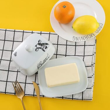 Маслянка з ручкою для 250 г вершкового масла, високоякісна кераміка, білий колір з квітковим та бджолиним візерунком, порцеляна, класична маслянка, маслянка, контейнер для масла, коробка для масла, можна мити в посудомийній машині (коров&39яча голова)