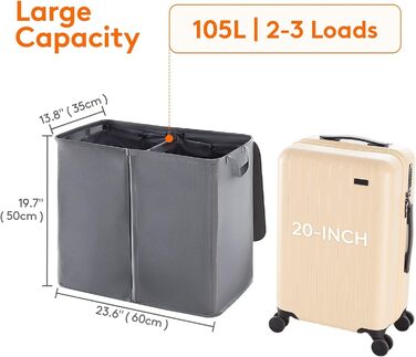 Кошик для білизни Lifewit з кришкою 2 відділення, збірник для білизни з 2 знімними мішками для білизни, складні кошики для білизни Кошики для білизни Коробка для білизни Тканинні кошики для білизни для ванної кімнати Спальня, (105 л, сірий)