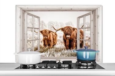 Панель кухонного фартуха, бризкозахисна панель, декор для кухні, алюмінієва панель, бризкозахисна панель для плити, альтернатива скляній панелі, чорна - з малюнком - суцільна - чорна - темна - (вид з вікна на шотландську високогірну худобу, 100x65 см)
