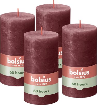 Свічки Bolsius Rustic Pillar - Оливково-зелені - Набір з 4 шт. - Декоративні побутові свічки - Час горіння 60 годин - Без запаху - Натуральний рослинний віск - Без пальмової олії - Оливково-зелені (13 x 7 см, темно-червоні)
