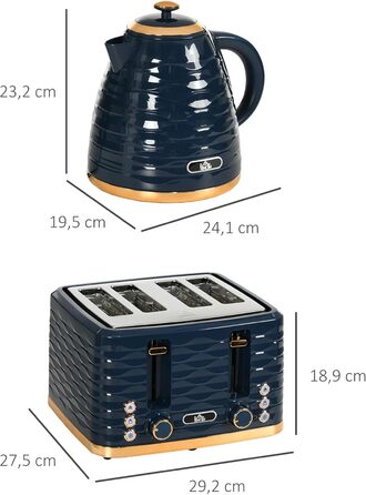 Набір для сніданку HOMCOM Kettle Toaster Set з чайником 1,7 л, тостером на 4 скибочки, 2200 Вт, 7 рівнів підрум&39янення, розморожуванням, розігріванням та піддоном для крихт, термостатом Otter, кремово-білим (синім)
