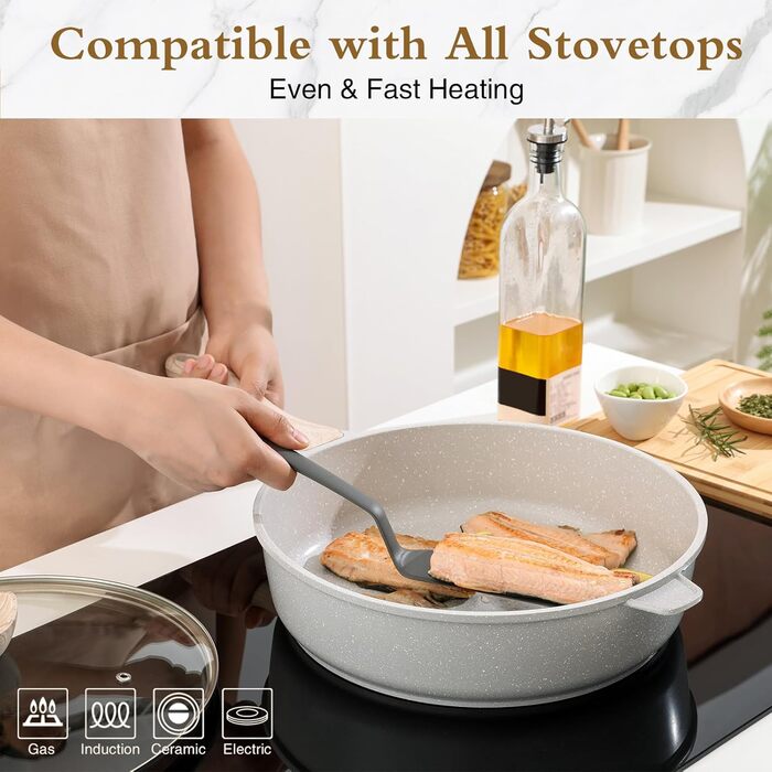 Сковорода с антипригарным покрытием и крышкой 28 см белая Kordisen