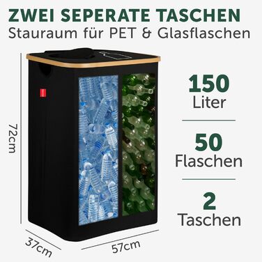 Контейнер для збору пляшок Blumtal Deposit 150 л з 2 відділеннями - Бамбуковий органайзер для пляшок - Збірник порожніх пляшок - Збірник пляшок - Контейнер для збору порожніх пляшок з отвором - Збірник чорного кольору (Збірник пляшок - 150 л)