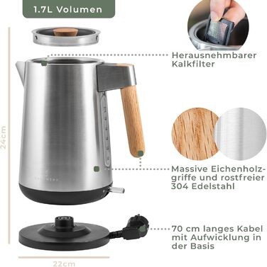 Электрочайник 3000 Вт из нержавеющей стали с деревянной ручкой WALDWERK