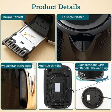 Комплект чайника та тостера HOMCOM, нержавіюча сталь, чайник 1,7 л, тостер на 2 скибочки, набір для сніданку 2200 Вт з термостатом Otter, 7 рівнів підрум&39янення, розморожування, розігрівання, піддон для крихт, фільтр для накипу, чорний