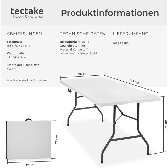 Кемпинговый стол с ремнем для переноски tectake