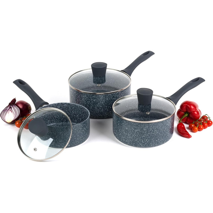 Каструля Russell Hobbs RH00845EU з антипригарним покриттям - 18 см/2 л з кришкою із загартованого скла, індукційна каструля, каструля для овочів/бульйону з бакелітовою ручкою та термостійким зовнішнім покриттям, камінь Nightfall (набір із 3 предметів)