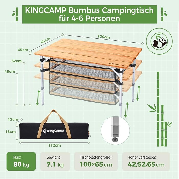Складний бамбуковий стіл для кемпінгу 100 x 65 см KingCamp