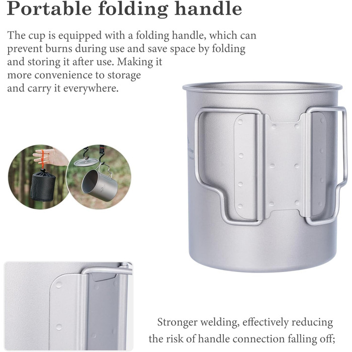 Титановая кружка с крышкой и складной ручкой для кемпинга 750 мл Boundless Voyage