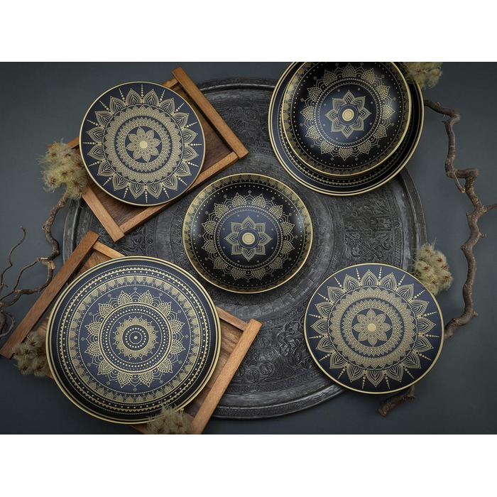 Серія Mandla Gold Black, набір посуду з 8 предметів, комбінований набір керамограніту (12 предметів, золотисто-чорний), 23587