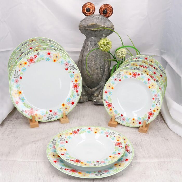 Набір столового посуду MamboCat Variant Floral з 12 предметів Барвистий порцеляновий посуд для 6 осіб 6 барвистих супових тарілок та 6 обідніх тарілок Обідні та глибокі тарілки для сніданку, обіду та вечері