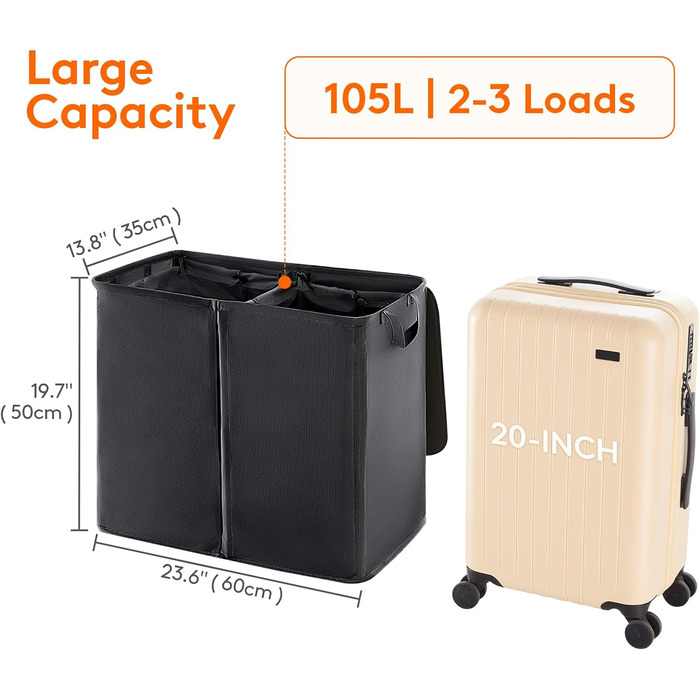 Кошик для білизни Lifewit з кришкою 2 відділення, збірник для білизни з 2 знімними мішками для білизни, складні кошики для білизни Кошики для білизни Коробка для білизни Тканинні кошики для білизни для ванної кімнати Спальня, (105 л, чорний)