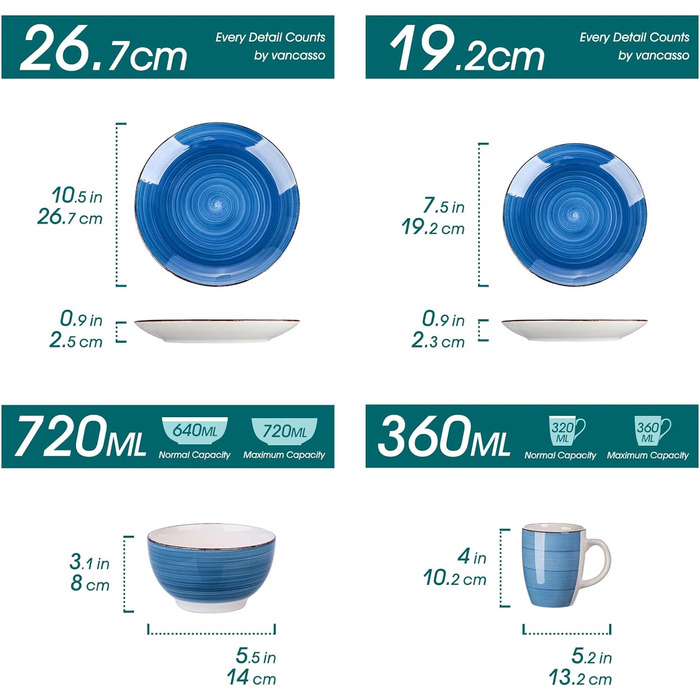 Комбинированный набор фаянсовая посуда, столовый сервиз с ручной росписью vancasso Bella, марокканский стиль, винтажный внешний вид, ручная роспись, на 12 человек (сервиз из 32 предметов, Bella-blue)