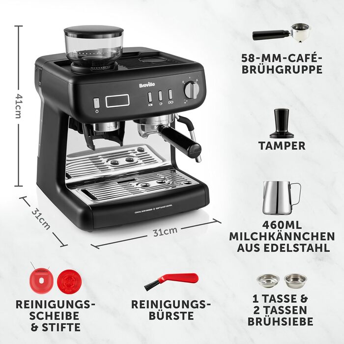 Кавоварка Breville Barista Max з портафільтром Еспресо-машина/кавоварка з вбудованою кавомолкою та спінювачем молока Резервуар для води 2,8 л Італійський насос 15 бар Нержавіюча сталь VCF126 шт. Бариста з кавомолкою (Barista Max з кавомолкою)