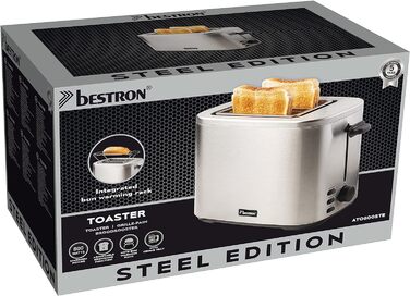 Тостер Bestron з 2 камерами для обсмажування, піддоном для крихт і насадкою для смаження булочок, 1 000 Вт, нержавіюча сталь під вигляд (сріблястий, одинарний)