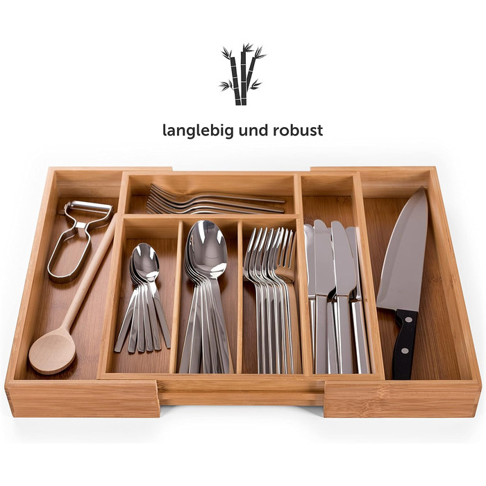 Бамбуковий лоток для столових приборів Blumtal - Регульована перегородка для кухні - Органайзер для столових приборів з 7-9 відділеннями - Висувна шухляда для кухонних шухляд - Великий гнучкий органайзер для столових приборів - 7-9 відділень (стандартний 