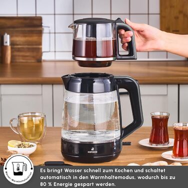 Чайник-чайник Karaca Glass Tea XL 2-в-1, колір сірий космос, скляний чайник об&39ємом 0,9 л, скляний чайник об&39ємом 2,2 л, основа, що обертається на 360, функція автоматичного підігріву, без BPA, потужність 1900 Вт
