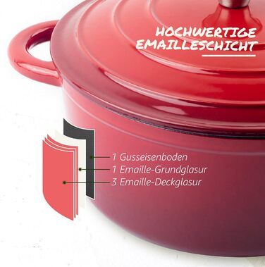 Чавунна форма для запікання Overmont Enamel - 26 см, придатна для використання в духовці, з кришкою та кулінарною книгою - для випікання, тушкування, запікання, білого кремового кольору (26 см-5,2 л, червоного кольору)