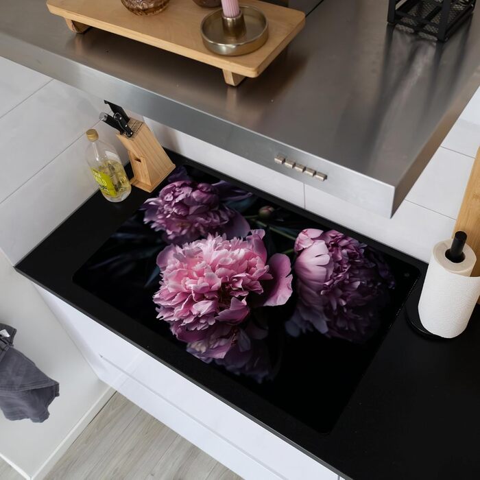 Фартух для плити, кухонний фартух, вініл, 78x52 см, декор для кухні, облицювання стіни, кришка для плити - сіро-чорна (квіти - рожеві, 52Д x 81,2Ш см)