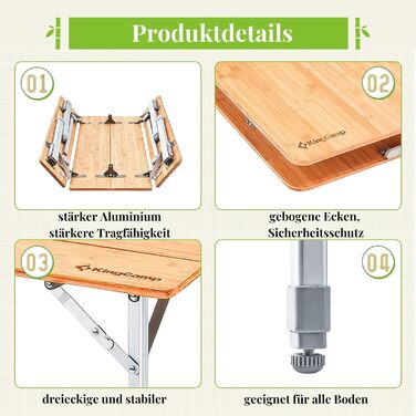 Складний бамбуковий стіл для кемпінгу 100 x 65 см KingCamp