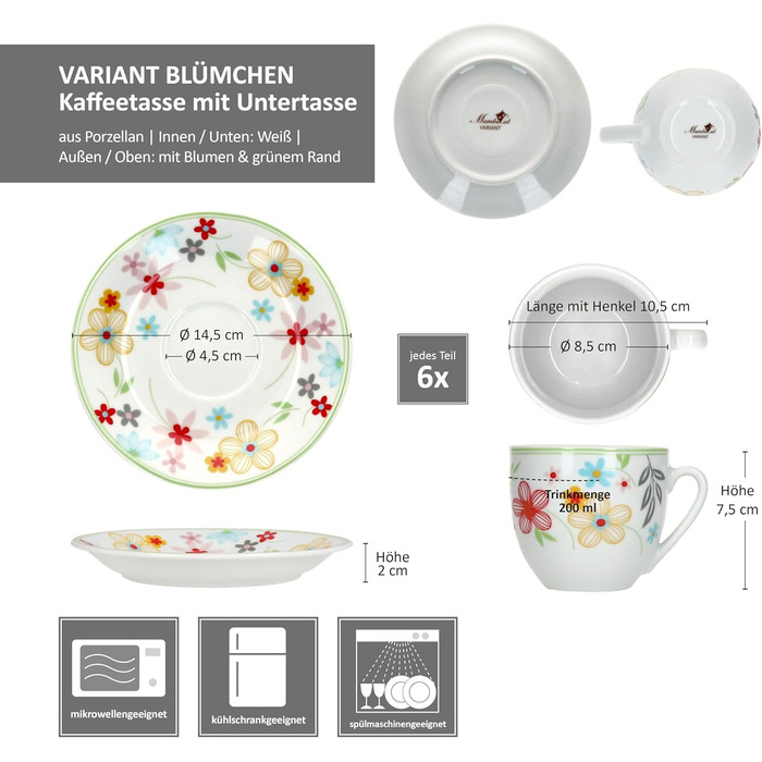 Набір із 6 тарілок для торта MamboCat Variant Floral Барвисті порцелянові тарілки для сніданку на 6 осіб Барвисті маленькі тарілки для салату, десерту та інших страв на сніданок, обід, каву та вечерю (кавова чашка з блюдцем)