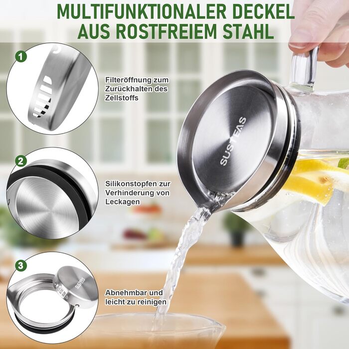 Скляний глечик з кришкою та широкою ручкою 2 л SUSTEAS