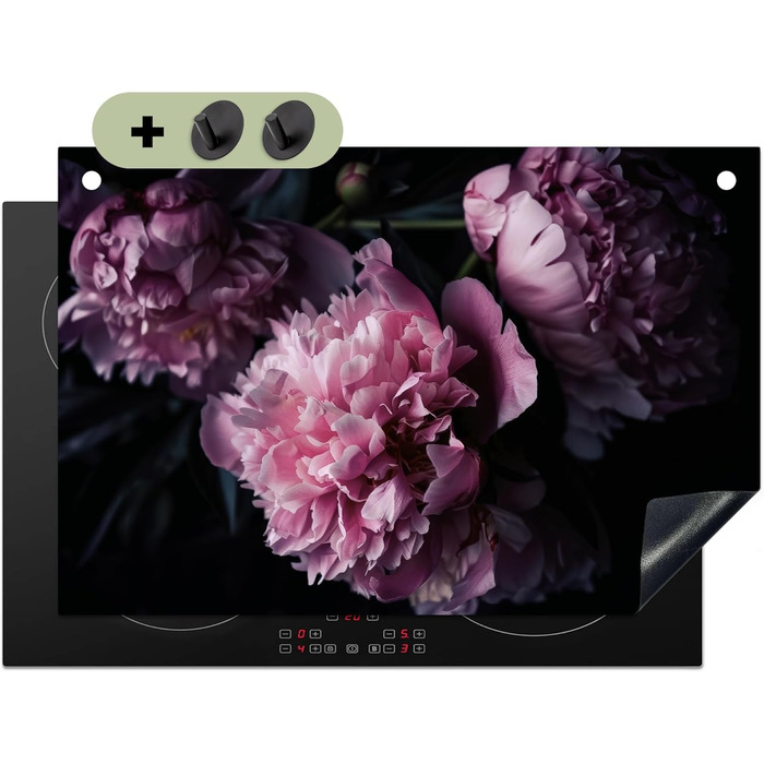 Фартух для плити, кухонний фартух, вініл, 78x52 см, декор для кухні, облицювання стіни, кришка для плити - сіро-чорна (квіти - рожеві, 51Д x 77Ш см)