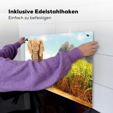 Фартух для плити, кухонний фартух, вініл, 78x52 см, декор для кухні, облицювання стіни, кришка для плити - сіро-чорна (слони - тварини, 52,7Д x 91,6Ш см)