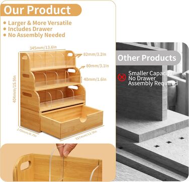 Шаровий органайзер для чайних пакетиків з бамбука з 3 полицями, що штабелюються, та 1 шухлядою, попередньо зібрана коробка для зберігання чайних пакетиків, кавових капсул, підсолоджувачів, спецій на кухні чи в офісі, 4-