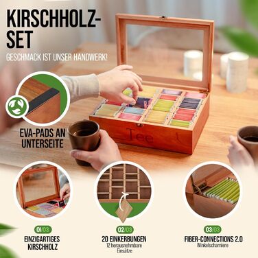 Чайна скринька преміум-класу NATURSCHMIED з вишневого дерева з 20 гнучкими відділеннями та оглядовим віконцем, (22,5x310 см) - посилені петлі міцна застібка - Елегантне сховище для чаю для справжніх любителів чаю, благородне вишневе дерево