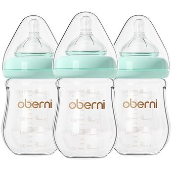 Скляні дитячі пляшечки Oberni з силіконовою соскою, розмір 1, пляшечка для молока з широким горлом, дитяча пляшечка з антиколіковим клапаном для новонароджених від 0 місяців, 150 мл, сині, (синій/3 шт.)