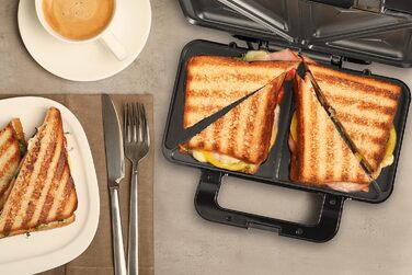 Бутербродниця Bestron XL, тостер для сендвічів з антипригарним покриттям на 2 сендвічі, в т.ч. автоматичний контроль температури та індикатор готовності, 900 Вт, колір чорний/ (чорний)