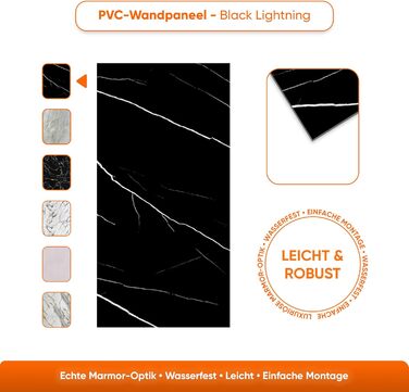 Стінові панелі IZODEKOR під мармур 60x120 см Панель для кухонного фартуха ПВХ-облицювання стін для кухні, ванної кімнати Бризкозахисний екран для кухні Водонепроникний та термостійкий ( панель, чорна блискавка)