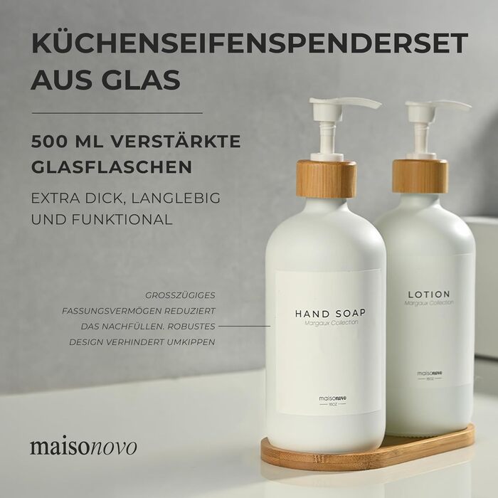 Диспенсер для мила 500 мл, набір 2 предмети на бамбуковій підставці, біле скло MaisoNovo