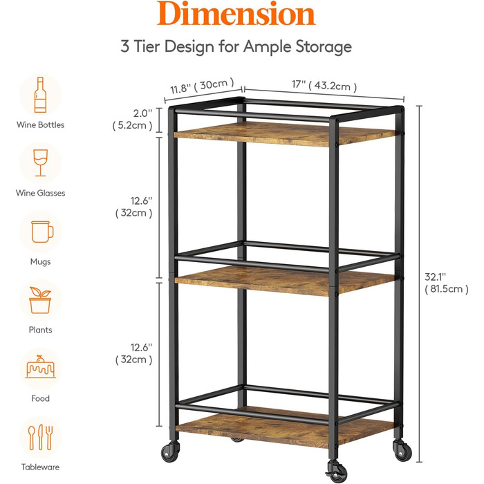 Візок для сервірування Lifewit, 3-ярусний візок для рулонних барів, візок для подачі чаю з коліщатками, кухонний візок із колесами, що замикаються, для вітальні, 43,2 x 30 x 81,5 см, коричневий сільський