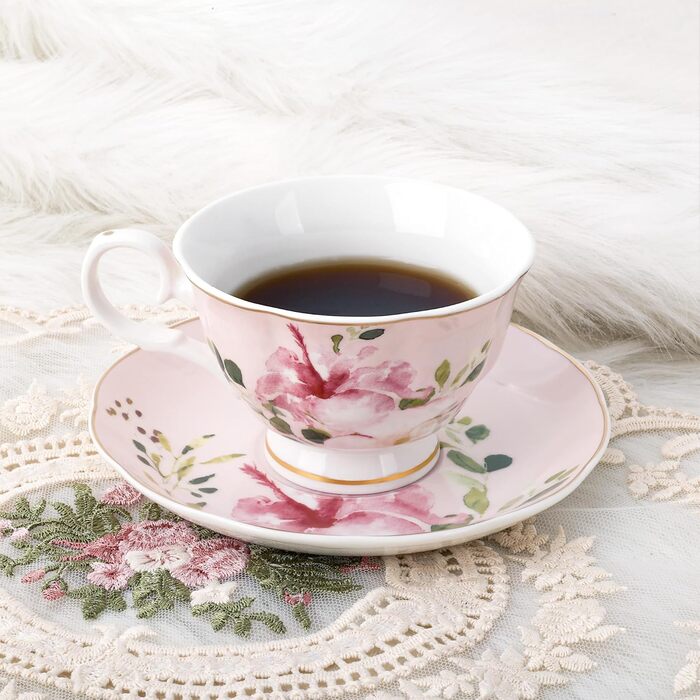 Чайні чашки з блюдцями Fanquare з квітковим візерунком, набір з 6 шт. , різноманітні порцелянові кавові чашки з пастельними квітковими принтами та золотим обідком, придатні для миття в посудомийній машині та заморожування, рожеві та блакитні