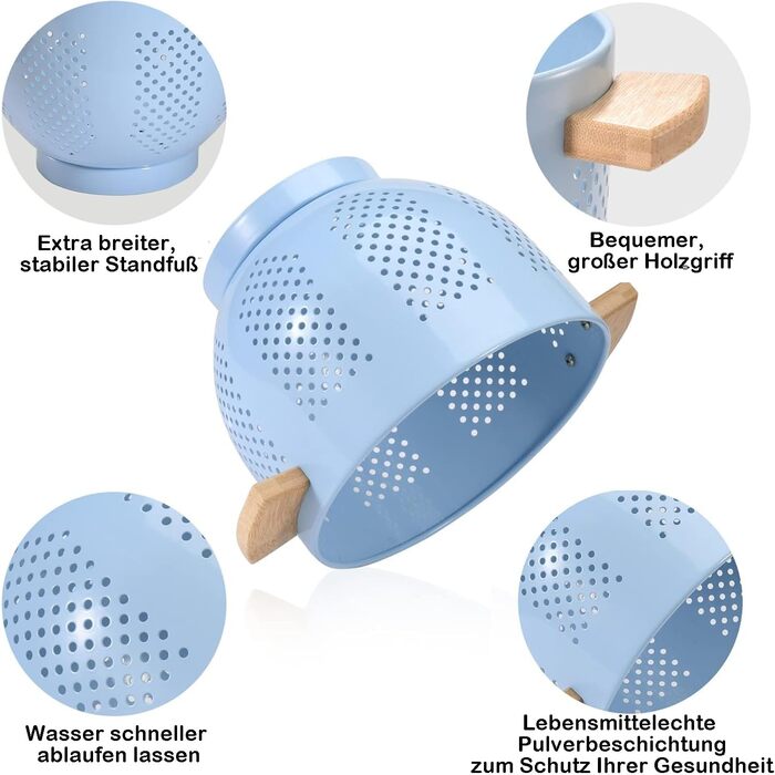 Металеве сито для пасти з дерев&39яною ручкою та стабільною основою, велике кухонне сито 22 см для пасти, овочів та фруктів, міцне кухонне сито (синє)