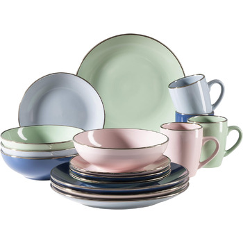 Металлический ободок, современный набор посуды на 4 персоны с ободком цвета латуни, комбинированный набор из 16 предметов в форме купе без ободка, красочный, керамогранит, (пастельно-голубой), 931871