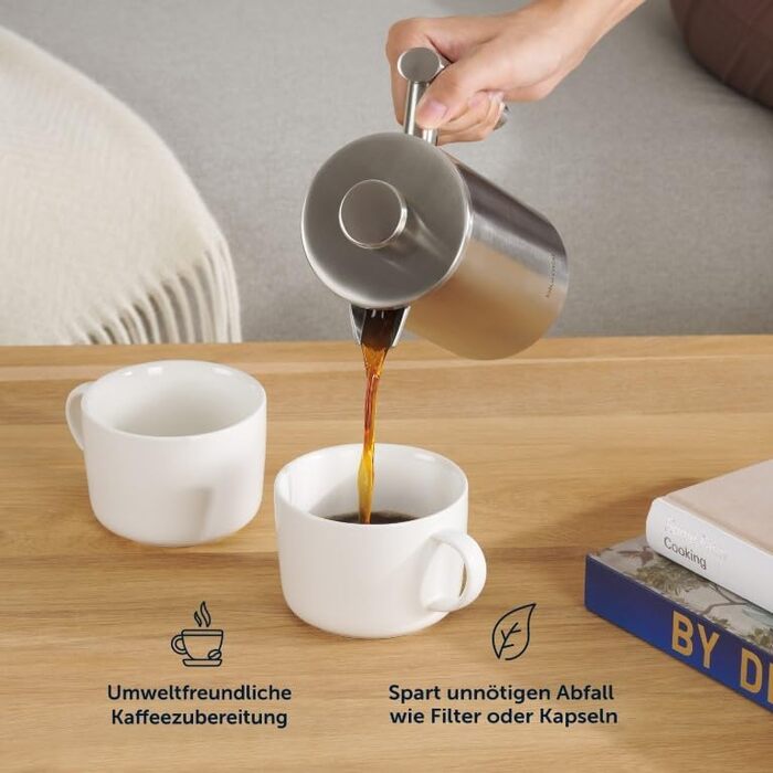 Френч-прес Blumtal з нержавіючої сталі 350 мл (2 чашки) - Двостінна ізольована термокавоварка з мірною шкалою, включаючи змінний фільтр та інструкцію, можна мити в посудомийній машині, доступна в 3 розмірах. Місткість кави 350 мл