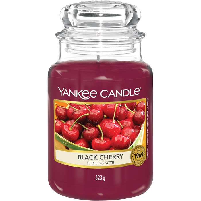 Ароматична свічка Yankee Candle у скляній банці (велика), свічка з тривалим часом горіння до 150 годин, ідеальні подарунки для жінок (ЧОРНА ВИШНЯ)
