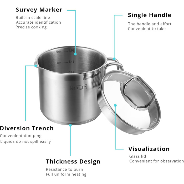 Кастрюля из нержавеющей стали со стеклянной крышкой 1.9 л jalz jalz