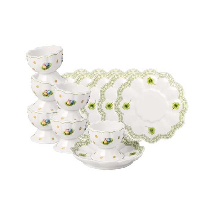 Набір для сніданку &quotВеликодня насолода&quot для 2 осіб, 6 предметів, зелений, Великодній набір з обідніми тарілками, кухлями та мисками для пластівців, Великодні керамічні тарілки, чашки та миски, преміум-порцеляна (Набір чашок для яєць 6 осіб)